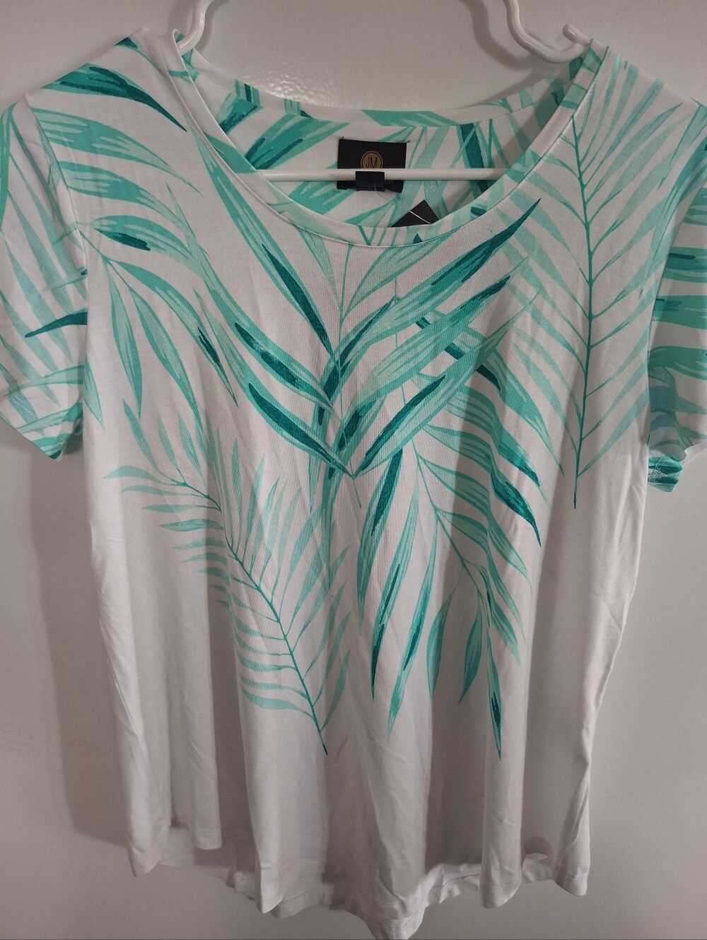 JM Collection White Tee with Teal Palm Leaf Print